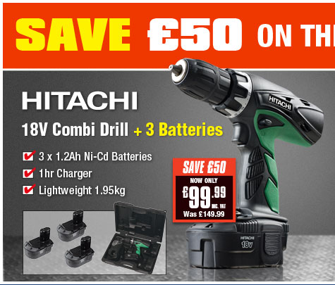 Hitachi 18V Combi Drill + 3 Batteries