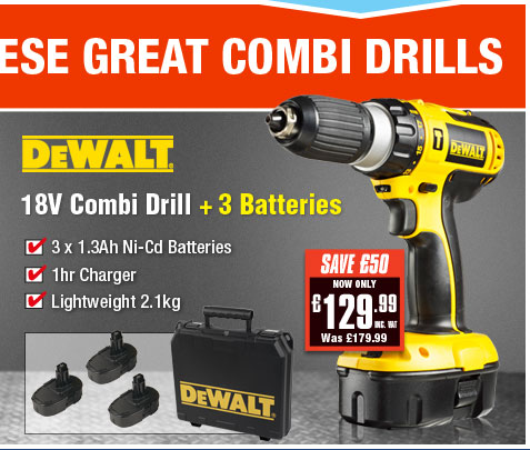 DeWalt 18V Combi Drill + 3 Batteries