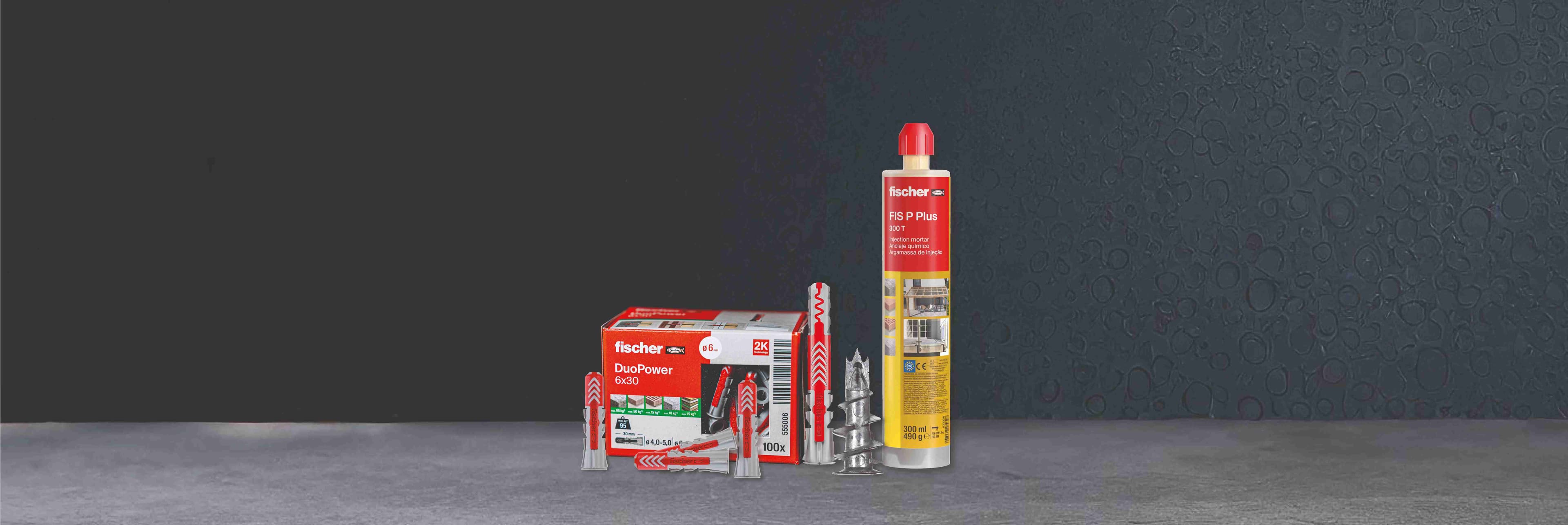 Images of fischer fixings including DuoPower Wall Plugs and resin fixings
