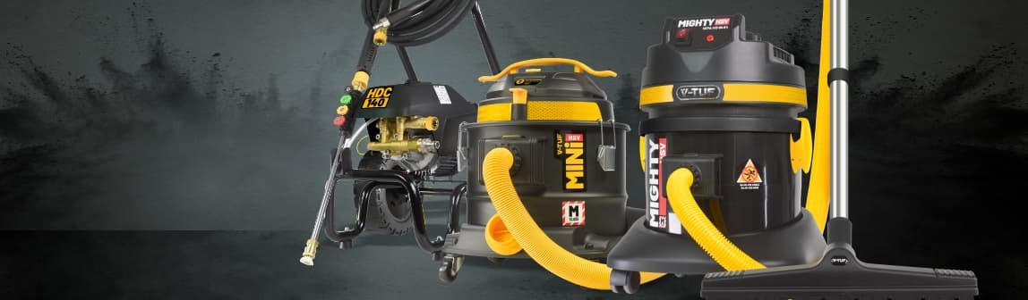 Banner advertisement for V-TUF tough cleaning, showing tough vacuum cleaners and a pressure washer with a shopw now call to action.