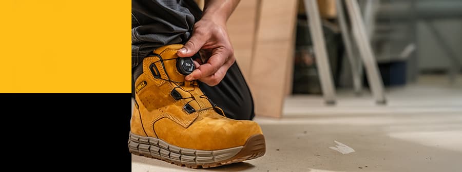 A DeWalt Lancaster honey boot on a work site with BOA technology - a hand turns the dial