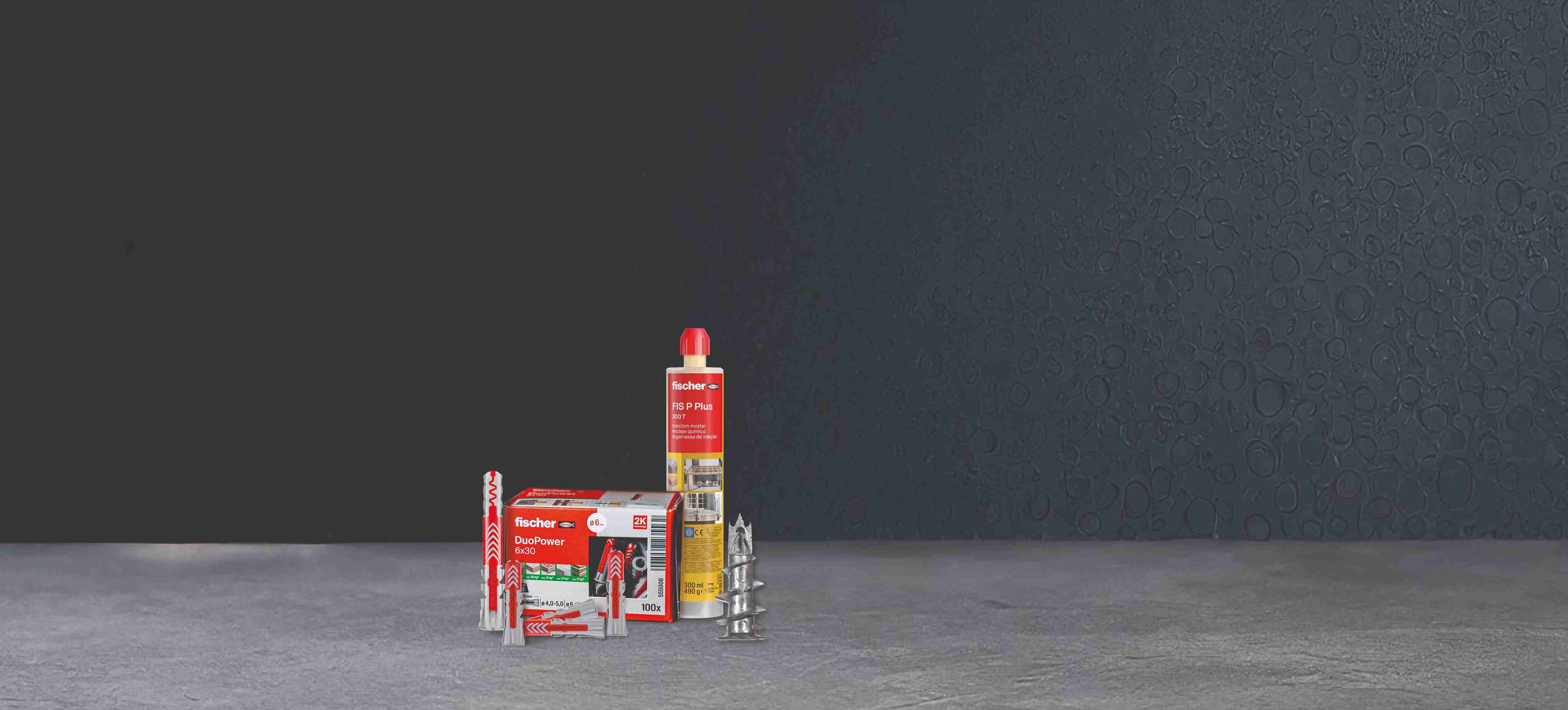 Images of fischer fixings including DuoPower Wall Plugs and resin fixings