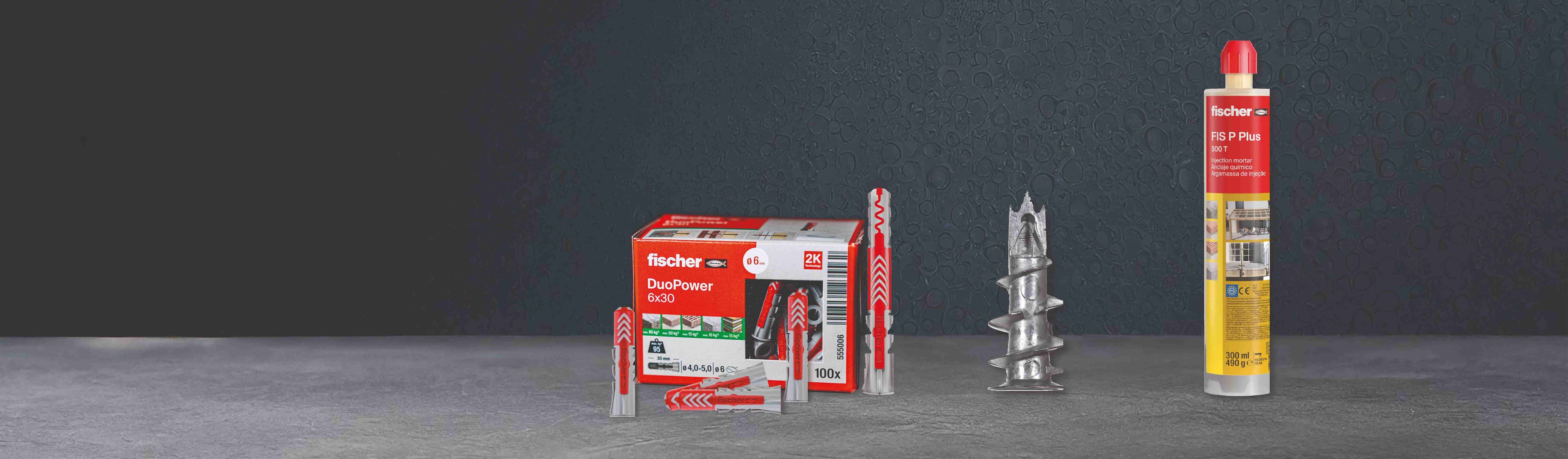 Images of fischer fixings including DuoPower Wall Plugs and resin fixings