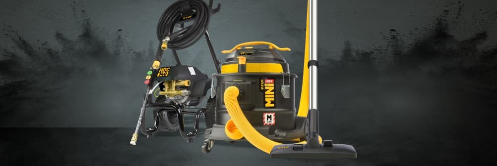 Banner advertisement for V-TUF tough cleaning, showing tough vacuum cleaners and a pressure washer with a shopw now call to action.